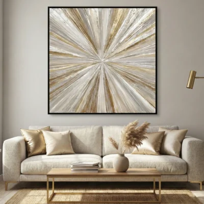 Textured abstract hand-painted canvas with radiating brushstrokes in cream, gold and taupe tones, contemporary living space