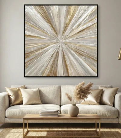 Textured abstract hand-painted canvas with radiating brushstrokes in cream, gold and taupe tones, contemporary living space