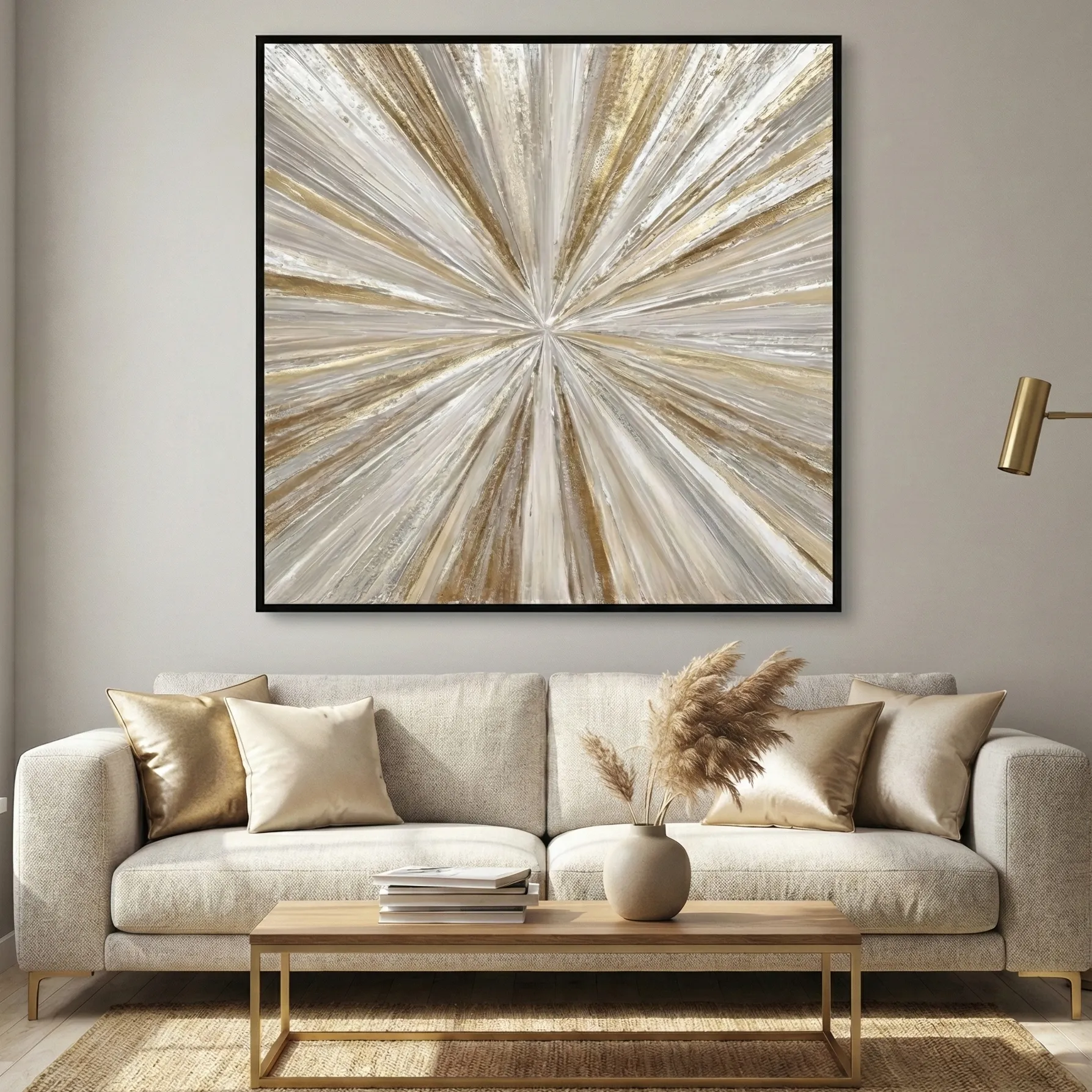 Golden Radiance Textured gold and silver starburst abstract wall art (1) Textured abstract hand-painted canvas with radiating brushstrokes in cream, gold and taupe tones, contemporary living space