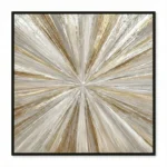Abstract hand-painted canvas with radiating brushstrokes in gold, cream, and silver tones