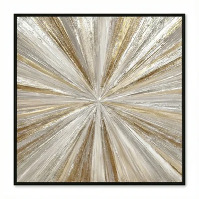 Abstract hand-painted canvas with radiating brushstrokes in gold, cream, and silver tones