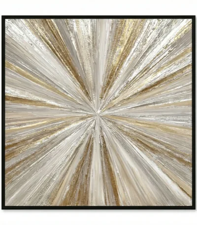 Abstract hand-painted canvas with radiating brushstrokes in gold, cream, and silver tones