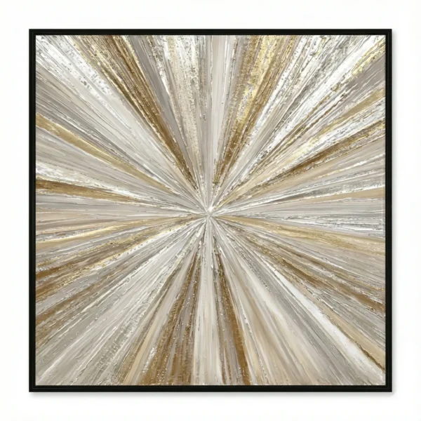 Abstract hand-painted canvas with radiating brushstrokes in gold, cream, and silver tones