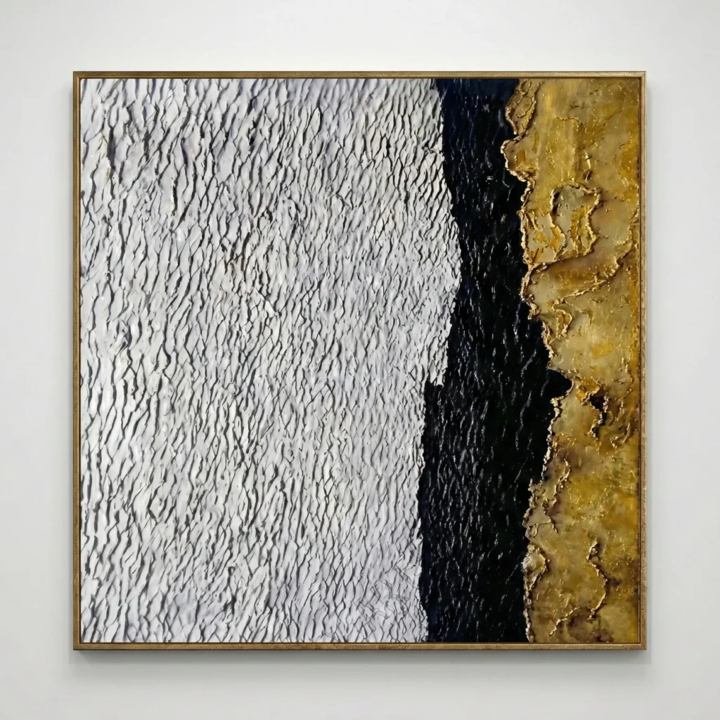 Textured abstract hand-painted canvas with white gestural marks, deep navy channel, and gold leaf accents, contemporary minimalist style