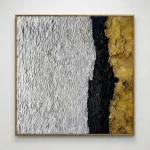 Textured abstract hand-painted canvas with white gestural marks, deep navy channel, and gold leaf accents, contemporary minimalist style