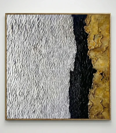 Textured abstract hand-painted canvas with white gestural marks, deep navy channel, and gold leaf accents, contemporary minimalist style