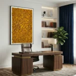 Textured abstract hand-painted canvas in rich golden ochre with layered brushwork patterns, executive office setting
