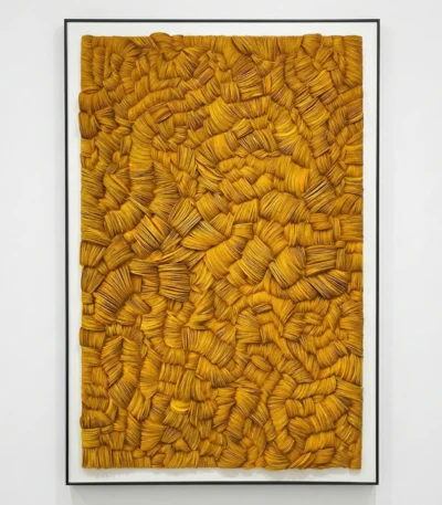 Textured abstract hand-painted canvas with layered golden straw bundles in warm ochre tones, contemporary wall space