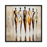 Gestural abstract hand-painted canvas depicting six stylized female figures in warm ochre and black tones, contemporary living space