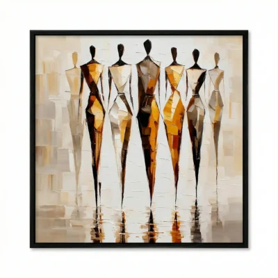 Gestural abstract hand-painted canvas depicting six stylized female figures in warm ochre and black tones, contemporary living space