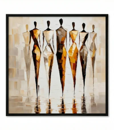 Gestural abstract hand-painted canvas depicting six stylized female figures in warm ochre and black tones, contemporary living space