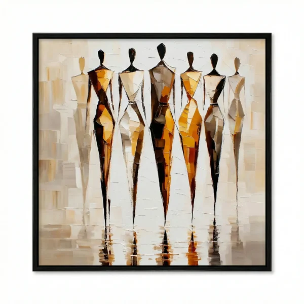 Gestural abstract hand-painted canvas depicting six stylized female figures in warm ochre and black tones, contemporary living space
