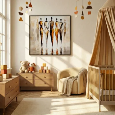 Contemporary figurative hand-painted canvas depicting six stylized fashion figures in warm terracottas and blacks, nursery setting