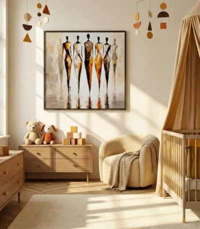 Contemporary figurative hand-painted canvas depicting six stylized fashion figures in warm terracottas and blacks, nursery setting