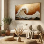 Textured abstract hand-painted canvas depicting a cresting wave in cream and ochre tones, contemporary living space