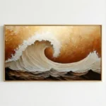 Gestural abstract hand-painted canvas depicting a dynamic ocean wave in cream and white with warm golden-amber tones, modern interior