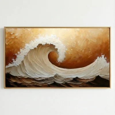 Gestural abstract hand-painted canvas depicting a dynamic ocean wave in cream and white with warm golden-amber tones, modern interior