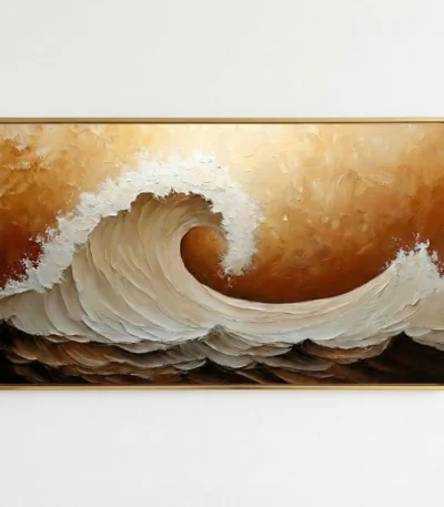 Gestural abstract hand-painted canvas depicting a dynamic ocean wave in cream and white with warm golden-amber tones, modern interior