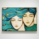 Contemporary figurative hand-painted canvas featuring two serene faces with flowing turquoise hair and gold accents, against teal background