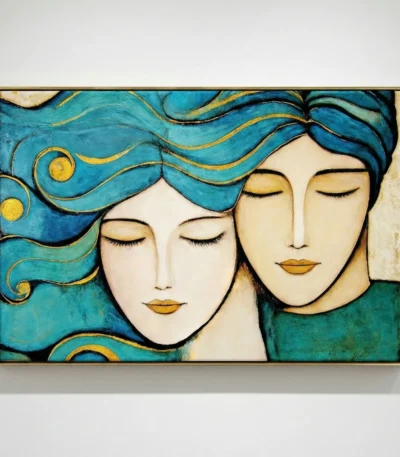 Contemporary figurative hand-painted canvas featuring two serene faces with flowing turquoise hair and gold accents, against teal background