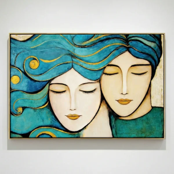 Contemporary figurative hand-painted canvas featuring two serene faces with flowing turquoise hair and gold accents, against teal background
