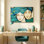 Contemporary figurative hand-painted canvas depicting two serene faces with flowing blue hair and gold accents, warm study space