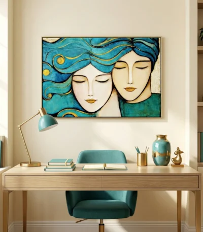Contemporary figurative hand-painted canvas depicting two serene faces with flowing blue hair and gold accents, warm study space