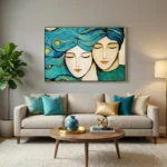 Contemporary figurative hand-painted canvas featuring two serene faces with flowing turquoise hair and golden accents, modern living space