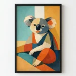 Contemporary geometric hand-painted canvas of a stylized koala in teal, ochre, orange and navy tones