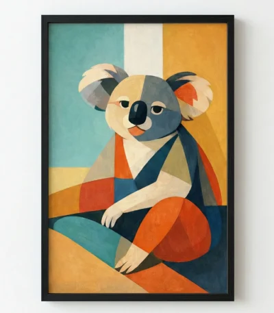 Contemporary geometric hand-painted canvas of a stylized koala in teal, ochre, orange and navy tones