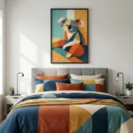 Cubist hand-painted canvas depicting a stylized koala in teal, ochre, orange and navy geometric shapes, modern bedroom