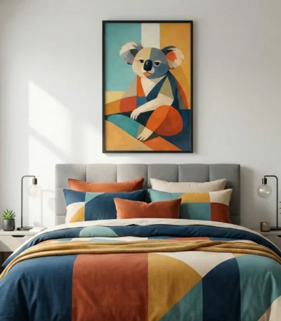 Cubist hand-painted canvas depicting a stylized koala in teal, ochre, orange and navy geometric shapes, modern bedroom