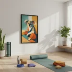 Contemporary geometric hand-painted canvas depicting stylized koala in teal, mustard and terracotta tones, yoga studio setting