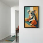 Geometric cubist hand-painted canvas of a koala in teal, ochre, and navy tones, contemporary hallway