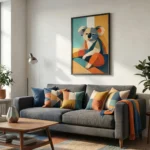 Geometric abstract hand-painted canvas depicting a stylized koala in teal, mustard, and coral tones, contemporary living space