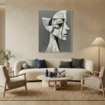 Contemporary abstract figurative hand-painted canvas depicting fragmented profile in monochrome grays and whites, modern living space