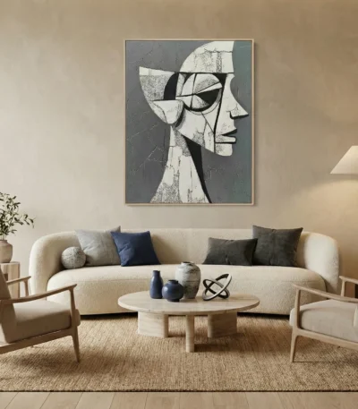 Contemporary abstract figurative hand-painted canvas depicting fragmented profile in monochrome grays and whites, modern living space