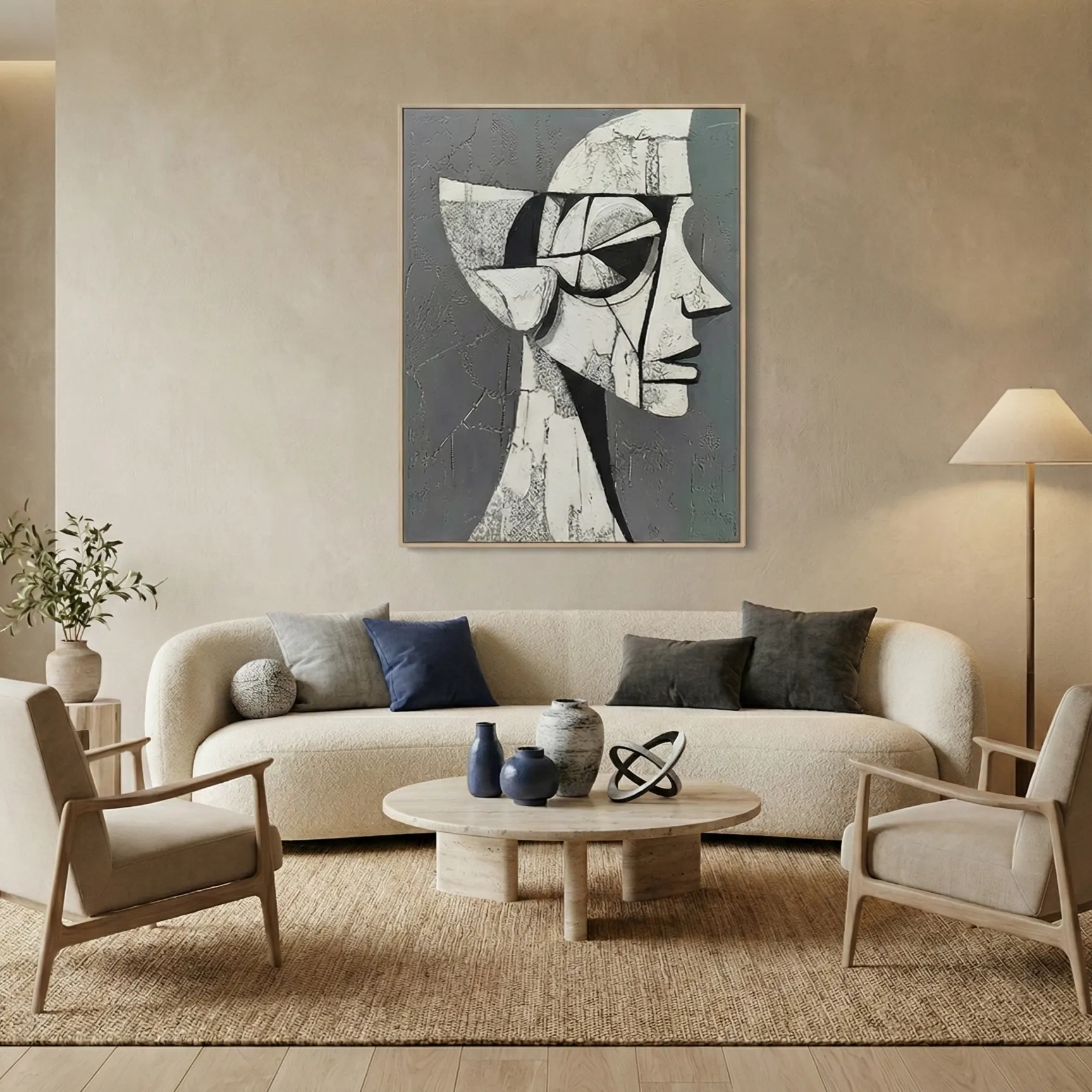 Graphite Cubist Geometric black and grey portrait color wall art (2) Contemporary abstract figurative hand-painted canvas depicting fragmented profile in monochrome grays and whites, modern living space