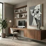 Monochromatic figurative hand-painted canvas depicting an abstract face in gestural charcoal and cream tones, contemporary office space