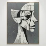 Textured abstract portrait with geometric black and white planes, hand-finished canvas in monochromatic palette, contemporary space