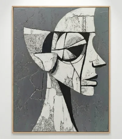 Textured abstract portrait with geometric black and white planes, hand-finished canvas in monochromatic palette, contemporary space