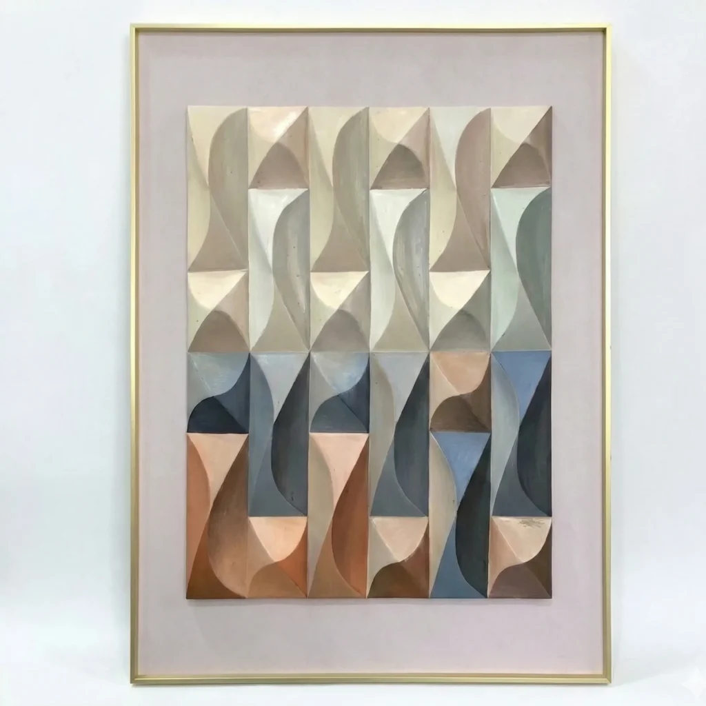 Textured abstract hand-painted canvas in geometric triangular forms, warm terracotta and cool blue tones with cream accents, contemporary living space