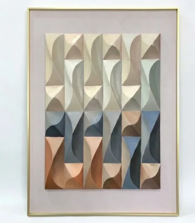 Textured abstract hand-painted canvas in geometric triangular forms, warm terracotta and cool blue tones with cream accents, contemporary living space