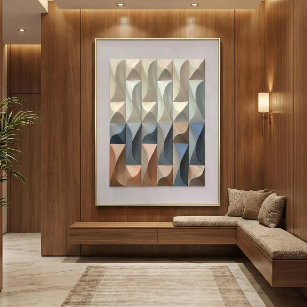 Geometric abstract hand-painted canvas in layered cream, terracotta and slate tones, contemporary entryway