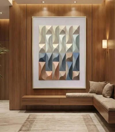 Geometric abstract hand-painted canvas in layered cream, terracotta and slate tones, contemporary entryway