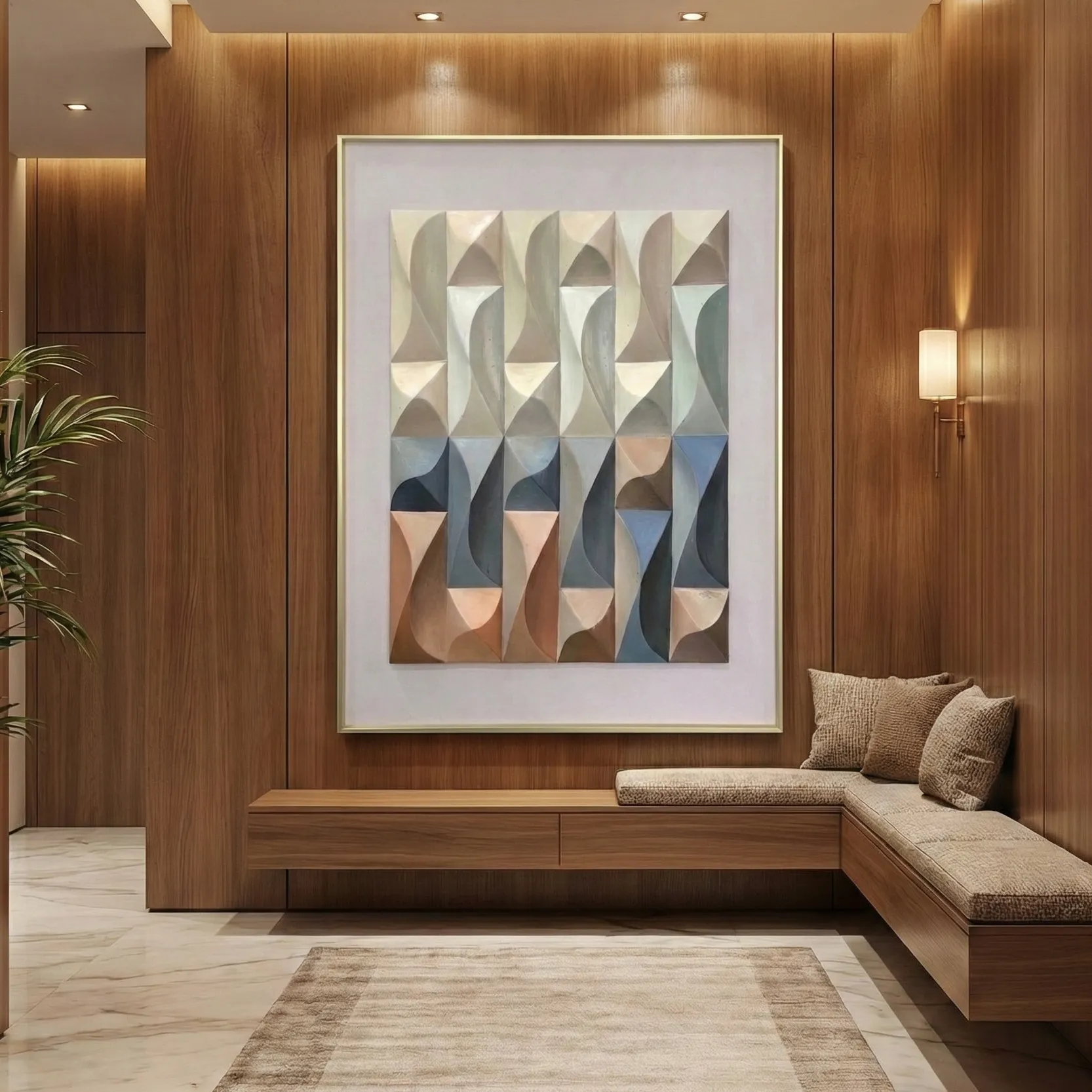 Harmonic Facets – Geometric Abstract Wall Decor (3) Geometric abstract hand-painted canvas in layered cream, terracotta and slate tones, contemporary entryway