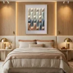 Geometric abstract hand-painted canvas with interlocking triangular forms in muted earth tones and soft blues, contemporary bedroom