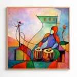 Contemporary figurative hand-painted canvas depicting seated musician with drums and stylized building, vibrant multicolored palette