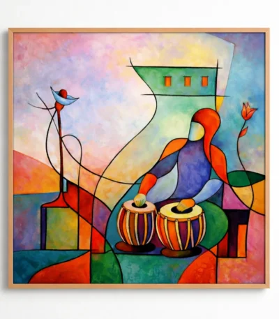 Contemporary figurative hand-painted canvas depicting seated musician with drums and stylized building, vibrant multicolored palette