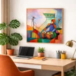 Contemporary figurative hand-painted canvas depicting musicians and drummers in vibrant jewel tones and warm ochres, styled in modern workspace